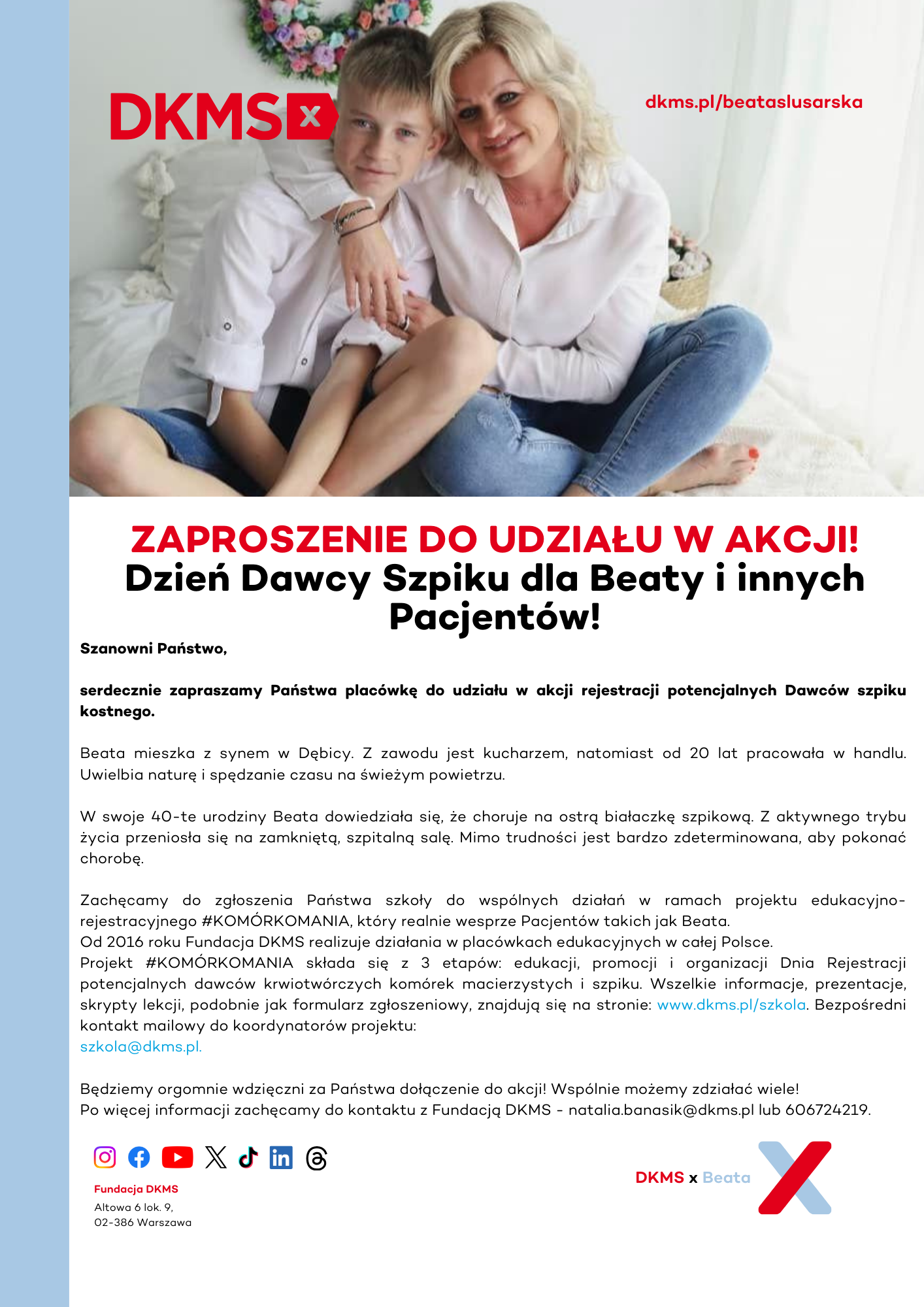 Zaproszenie do udziału w akcji – Dzień Dawcy Szpiku dla Beaty i innych Pacjentów!