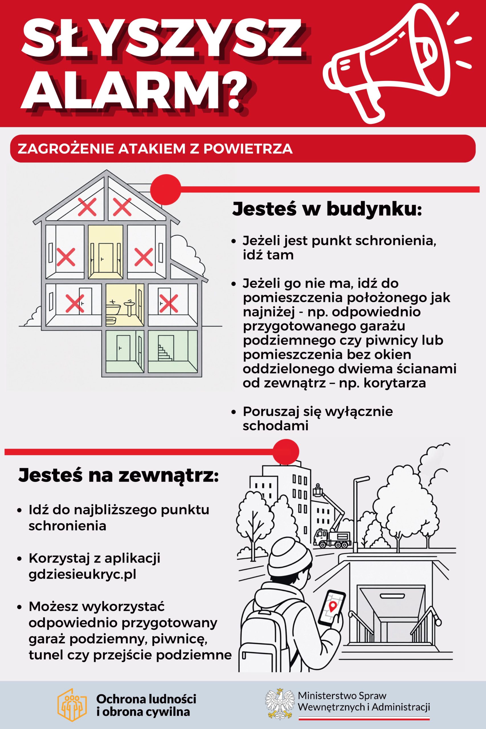 Informacje jak postepować po otrzymaniu alertu RCB oraz w przypadku uruchomienia syren alarmowych